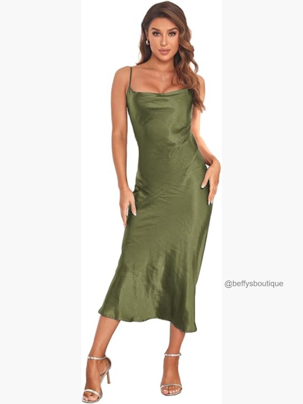 Spaghetti Strap Midi Satin Silk Cowl Neck Party Dress - Picture 1 of 7